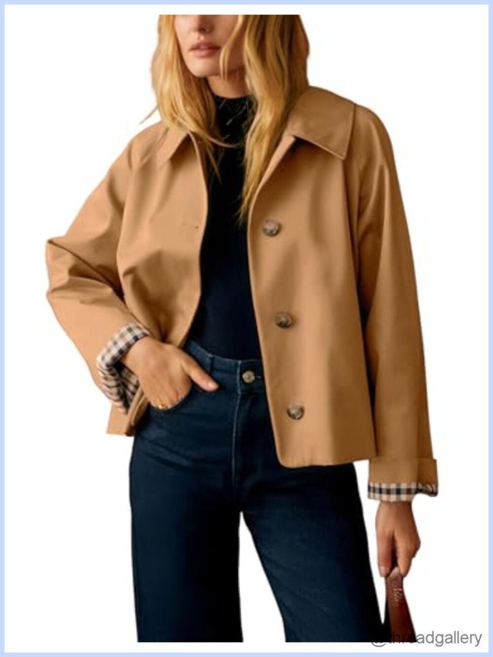 Womens Short Trench Jacket Plaid Lining Button Front Lightweight Casual with